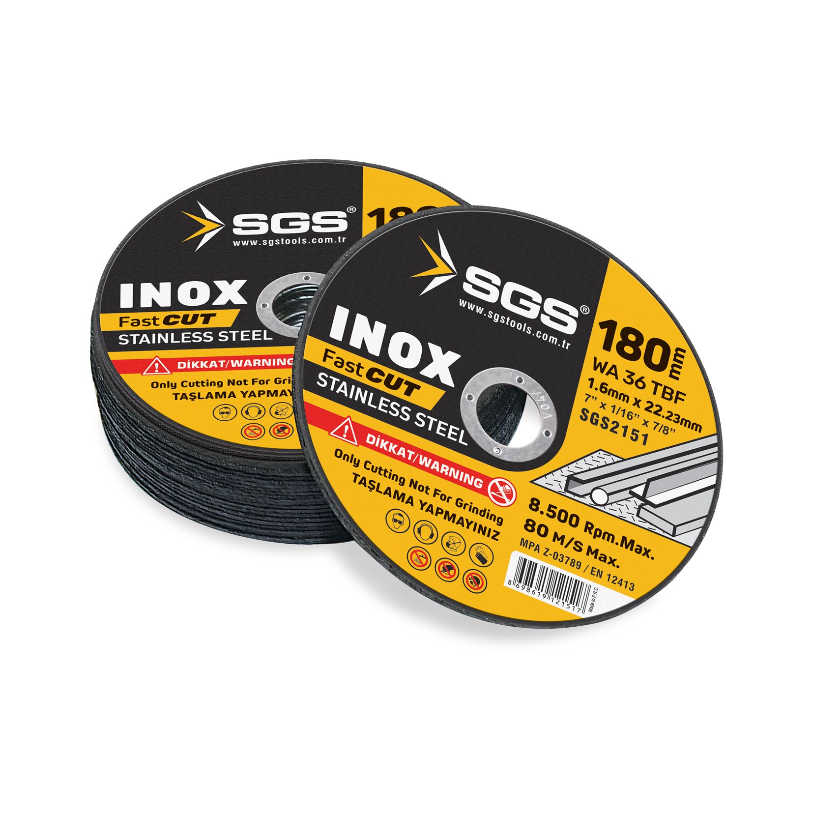 SGS İnox Kesici 180 x 1,6 x 22mm (50/Paket)